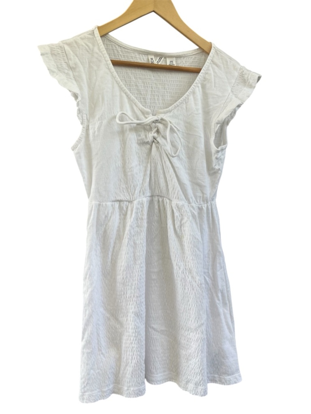 Roxy White Crinkle Gauze Babydoll Mini Dress S Smocked Lace Up Coquette Boho